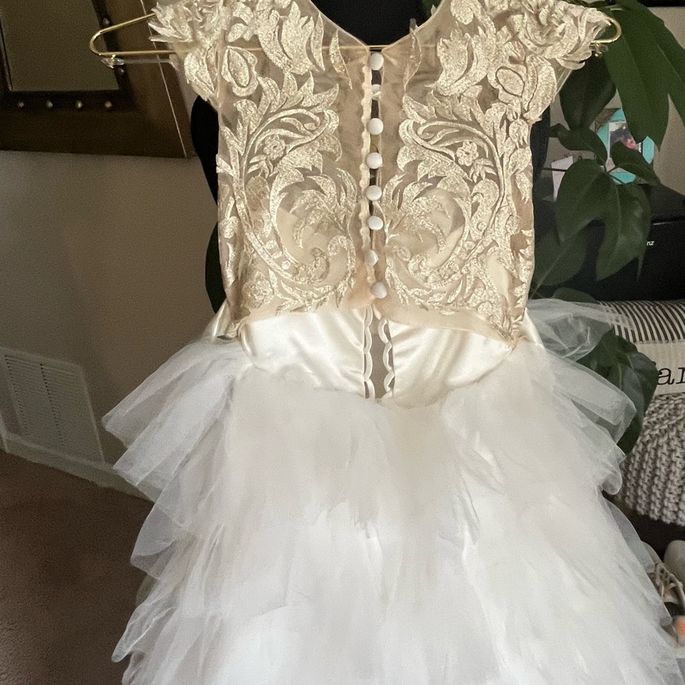 Cream Tiered Ruffled Gown with Flutter Cap Sleeves